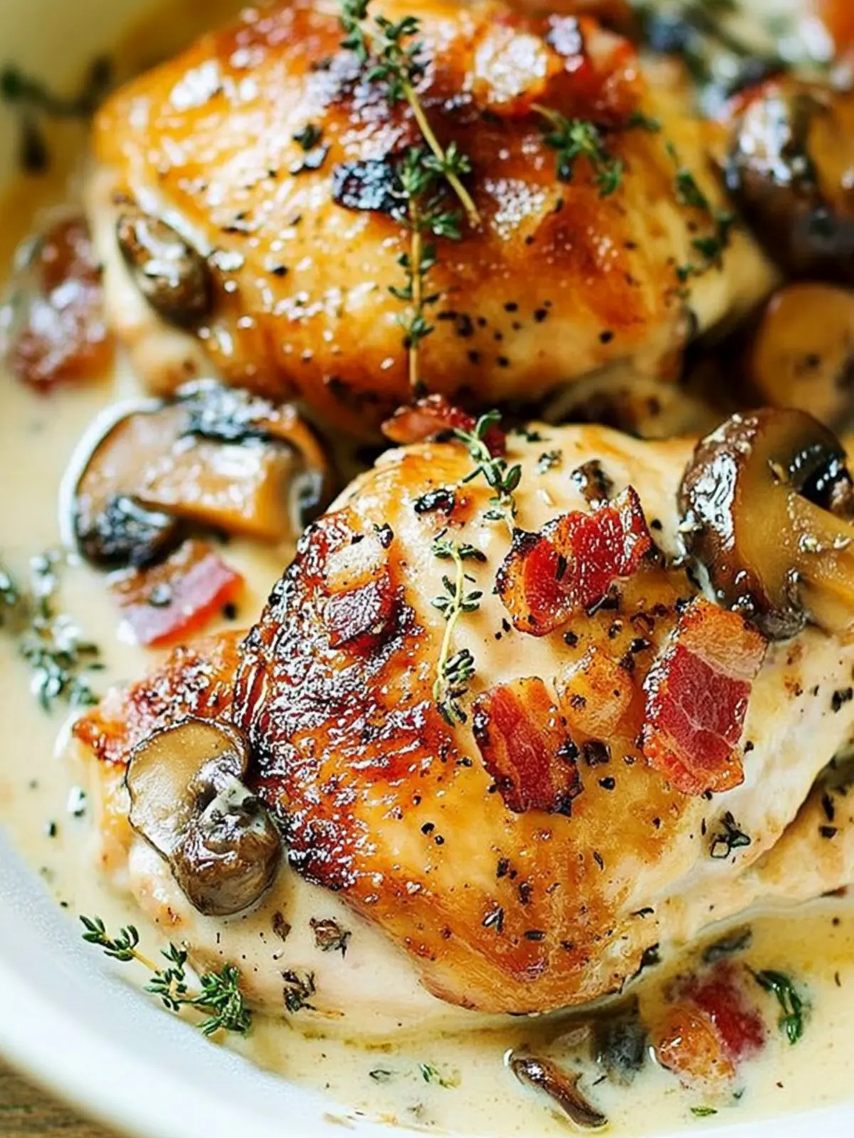 Savory Chicken Thighs with Creamy Bacon Mushroom Thyme Sauce 3 Chicken Thighs with Creamy Bacon Mushroom Thyme Sauce