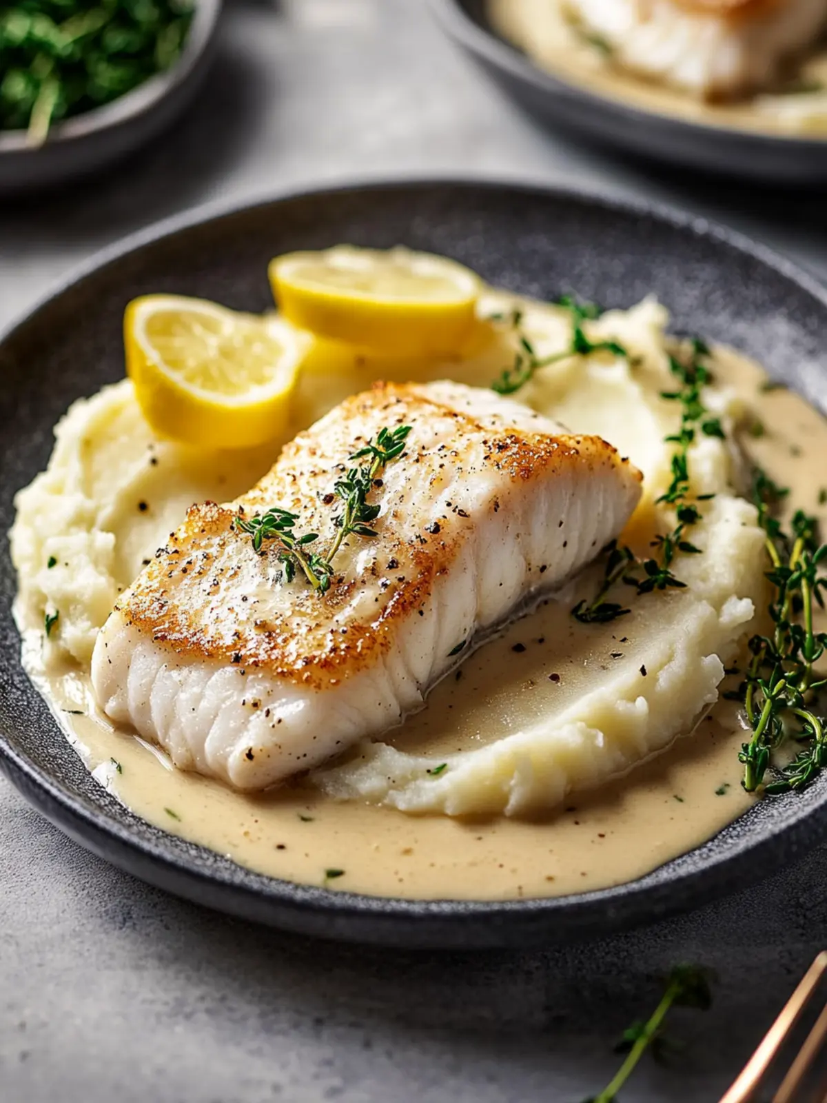 Pan-Seared Halibut Fillets in Creamy Lemon Sauce Delight 4 Pan-seared halibut fillets in a creamy lemon sauce with mashed potatoes