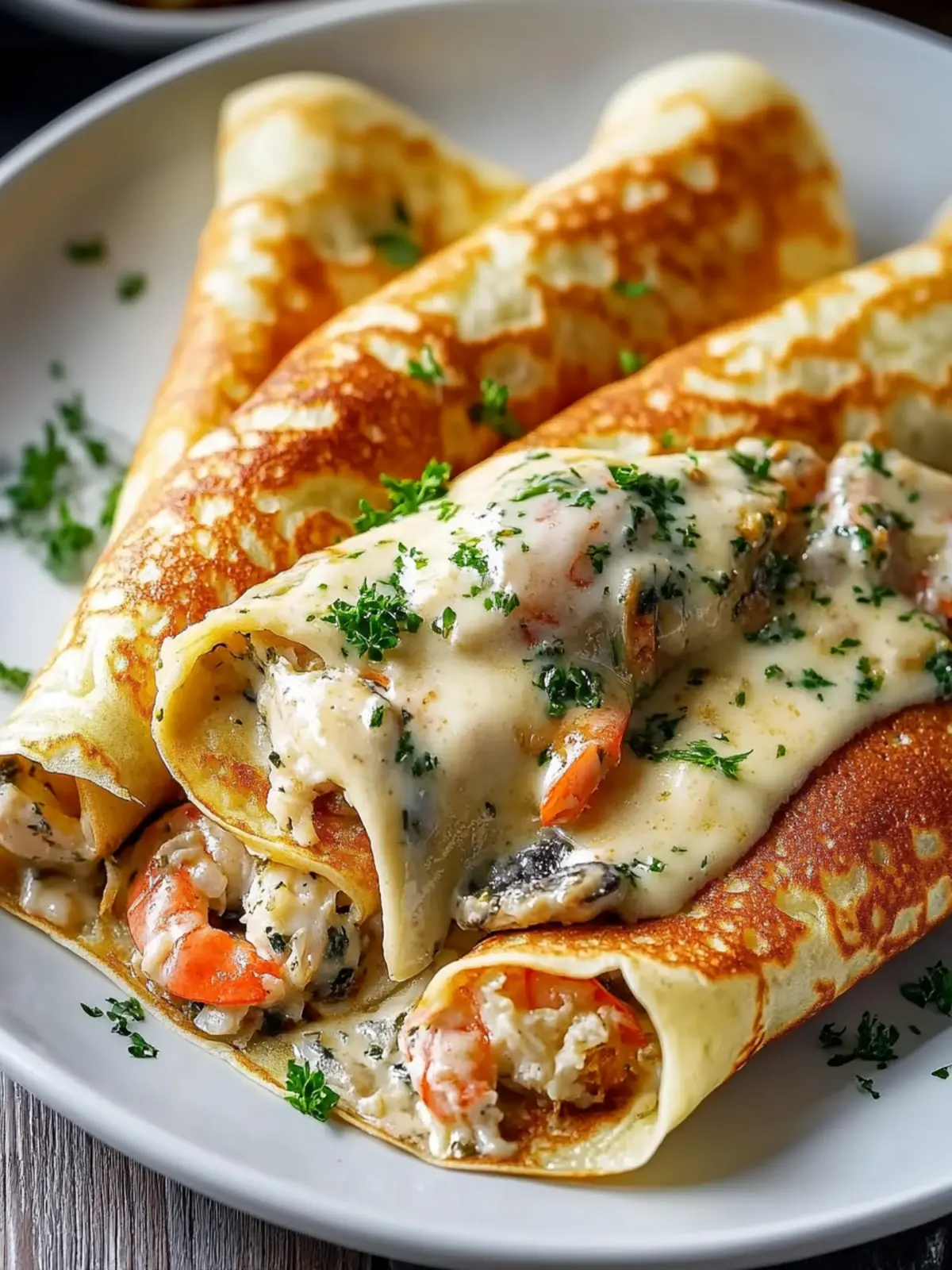 Indulge in Seafood Crepes with Creamy B chamel Sauce 3 Seafood Crepes with B chamel Sauce