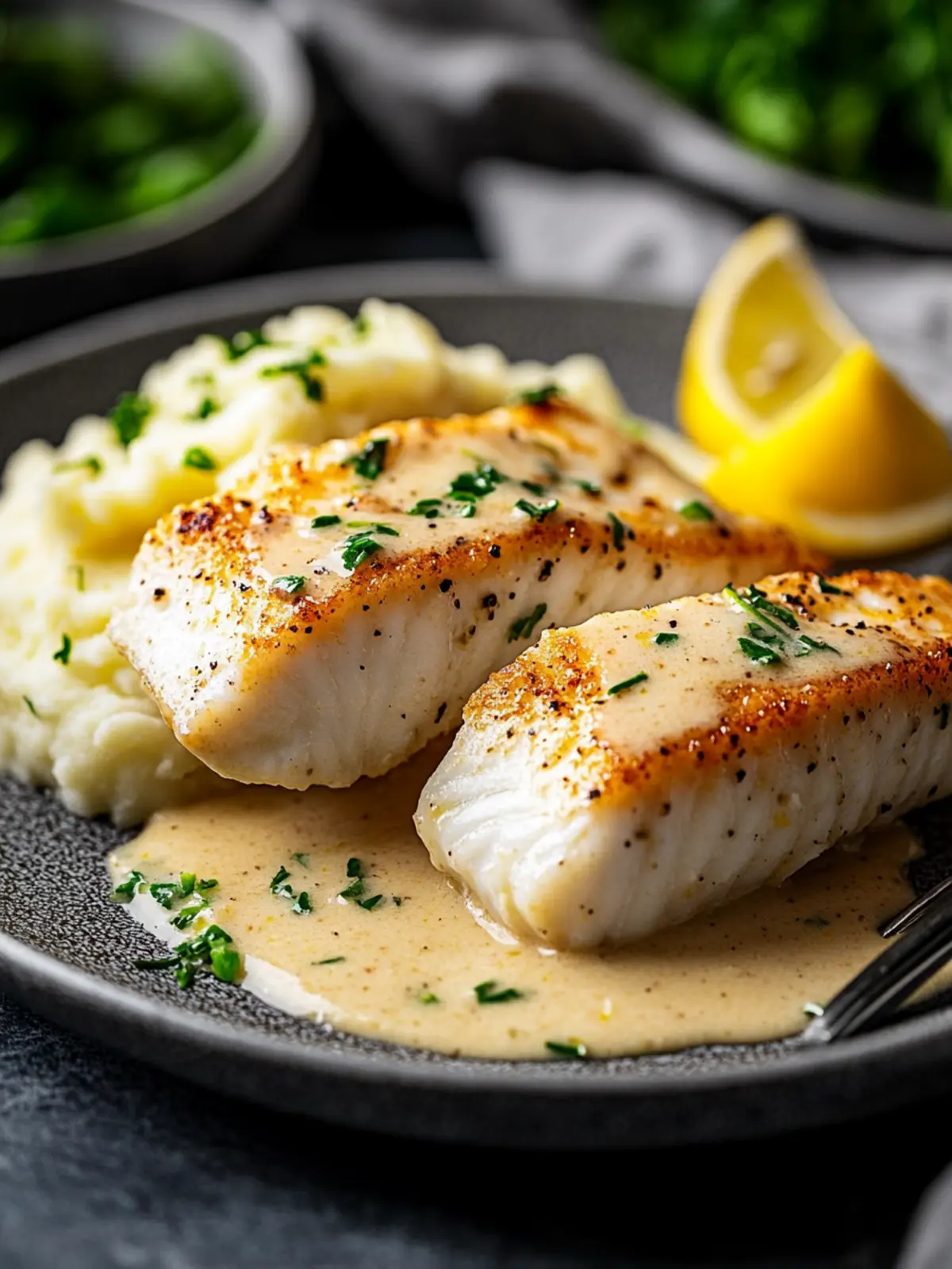 Pan-Seared Halibut Fillets in Creamy Lemon Sauce Delight 3 Pan-seared halibut fillets in a creamy lemon sauce with mashed potatoes