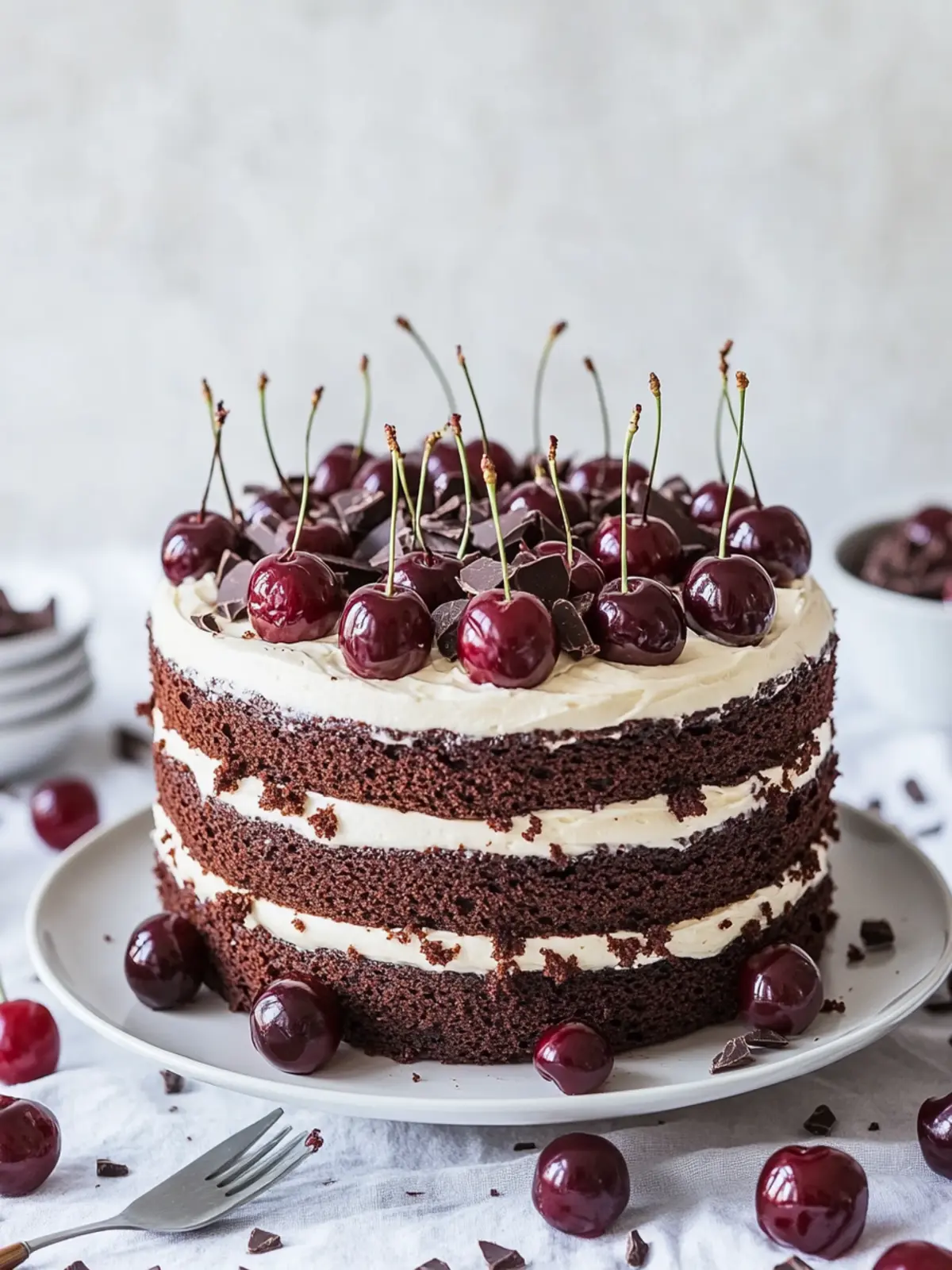 Decadent Black Forest-Inspired Chocolate Cherry Mascarpone Cake 4 Black Forest-Inspired Chocolate, Vanilla Cherry & Mascarpone Layer Cake with Chocolate Ganache