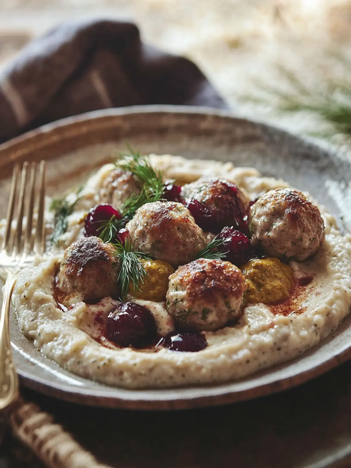 Cranberry Meatballs with Creamy Vodka Dill Sauce & Mustard Mash 3 Cranberry meatballs with a creamy vodka and dill sauce and mustard mash