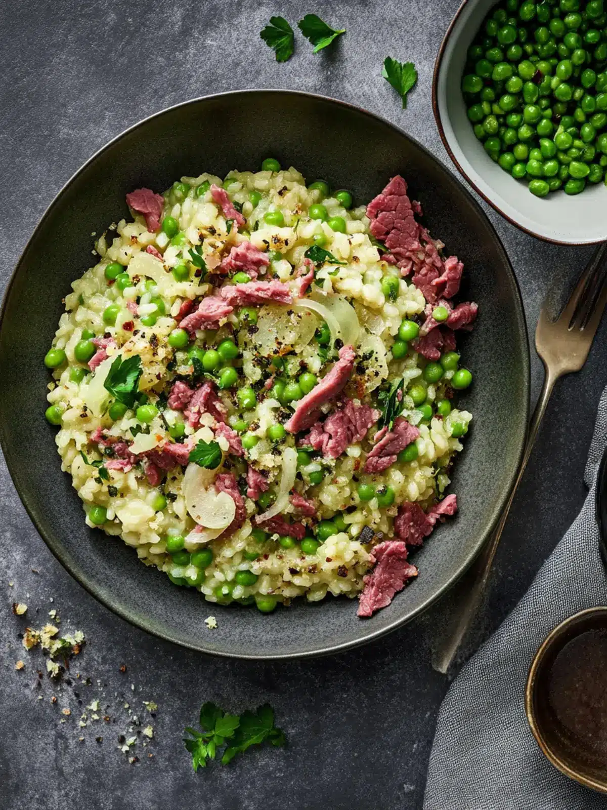 Pea and Broadbean Risotto with Crunchy Corned Beef Crumb 2 Pea and broadbean risotto with pickled onions and a corned beef crumb