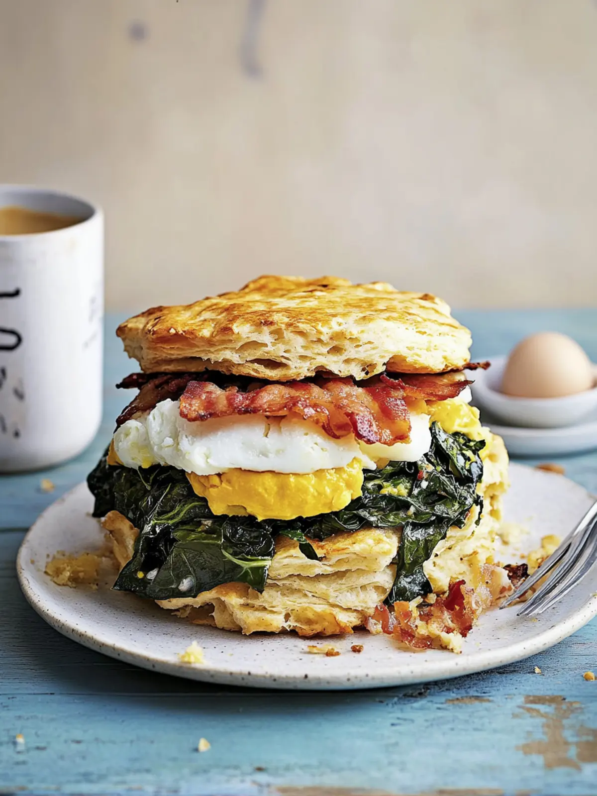 Flaky Biscuits With Pancetta, Collard Greens, and Marbleized Eggs 4 Biscuits With Pancetta, Collard Greens, Marbleized Eggs, and Espresso A ¯oli